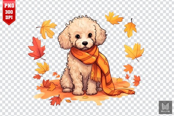 Cute Poodle Dog with Fall Leaves Clipart
